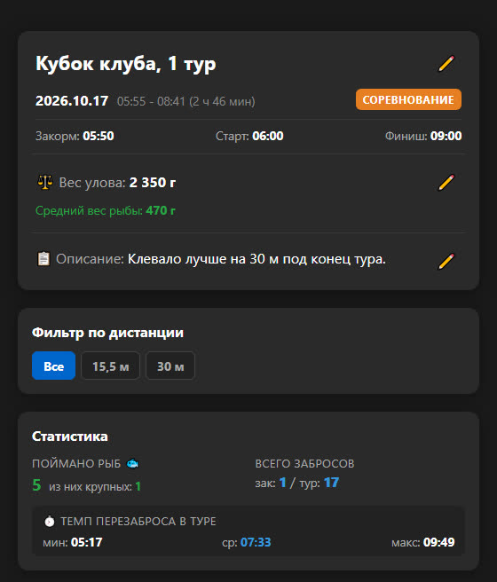 Заголовок отчёта, фильтр по дистанции и статистика