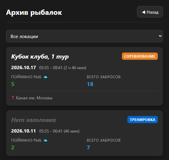 Список рыбалок с фильтром по месту